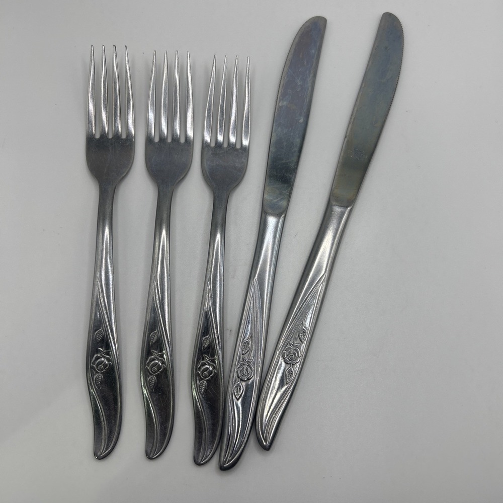 Utica ROSE Pattern Stainless Flatware USA 3 Forks 2 Knives Vtg silverware LOT